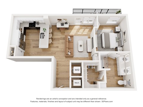 Floor plan for 1 bed, 1 bath, 859 sqft